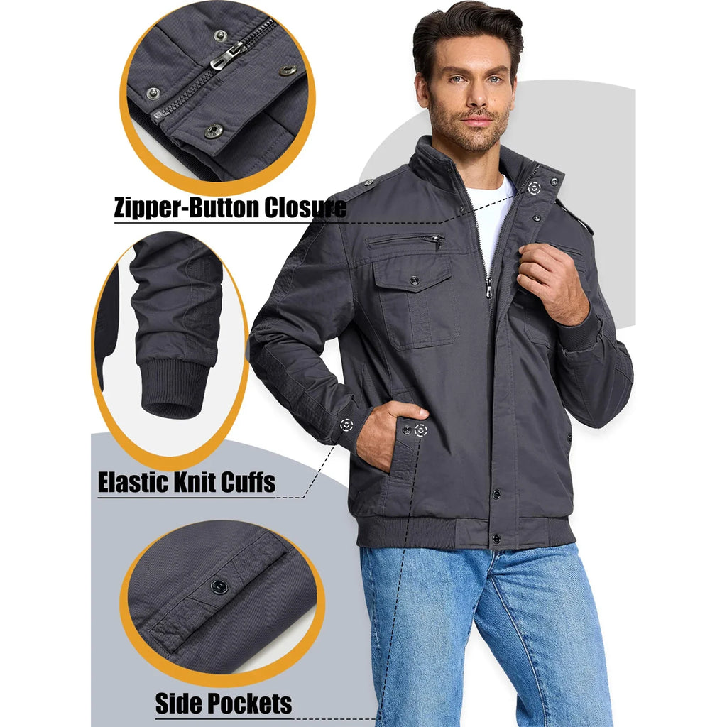 MAGCOMSEN Men's Fleece Jackets Windbreaker Coats Fall Winter Thermal Bomber Jackets Multi-pockets Stand Collar Motorcycle Jacket