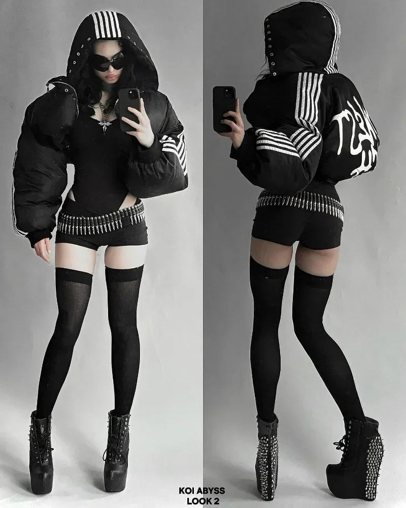 Unisex Harajuku street zip jacket, striped cotton-padded warm coat, goth hip hop style, S–XXL