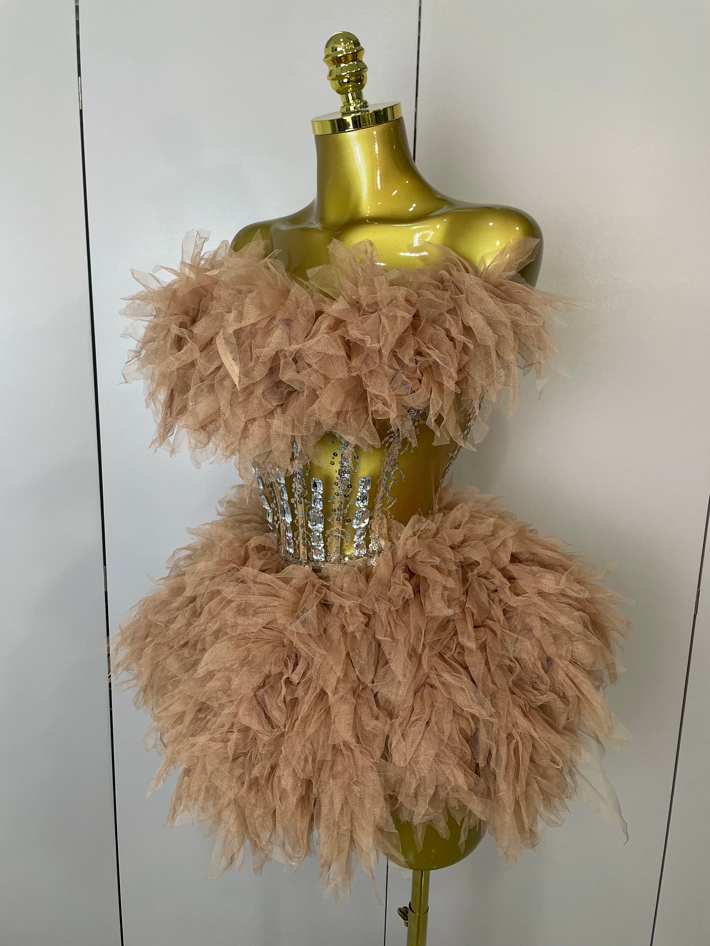 2025Women Sexy Backless Strap Mesh Fluffy Skirt 2 Pieces Diamond Sequins Stage Performance Costume Birthday Party Shooting Dress