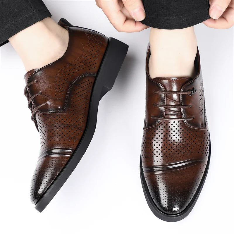 Men's Summer Breathable Leather Shoes Hollow out Fashionable Slip-On Comfortable Anti-Slip Soft Bottom Derby Shoes-SJ2501-1
