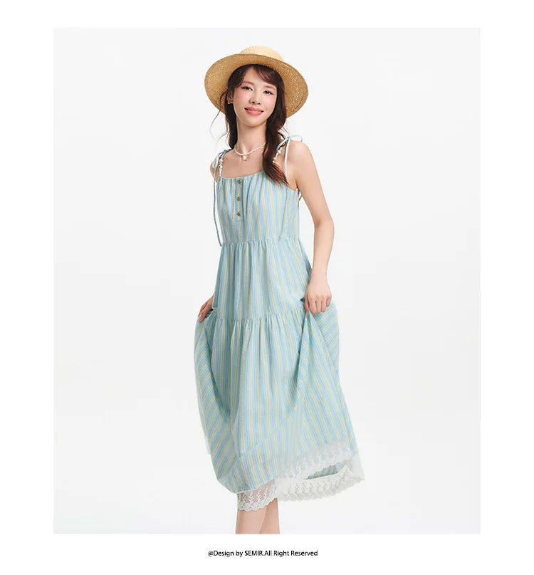 Textured Striped Dress Women Sweet 2025 Summer New Vacation Style Lace Strapless Sundress