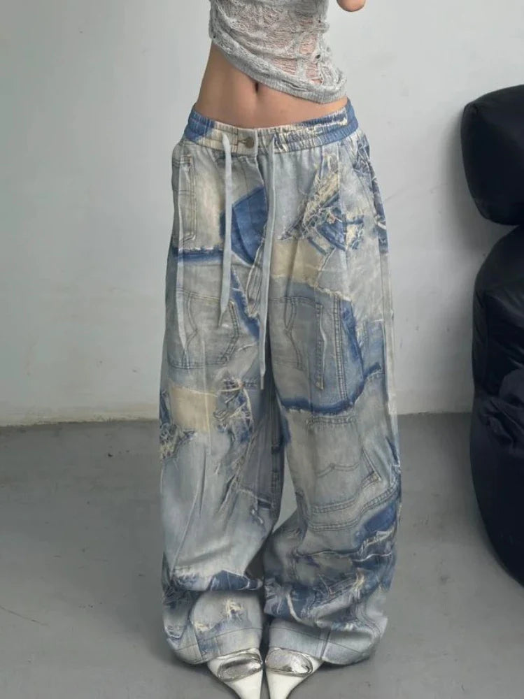 High Waist Print Draw String High Waist Jeans Y2k Vintage Jeans