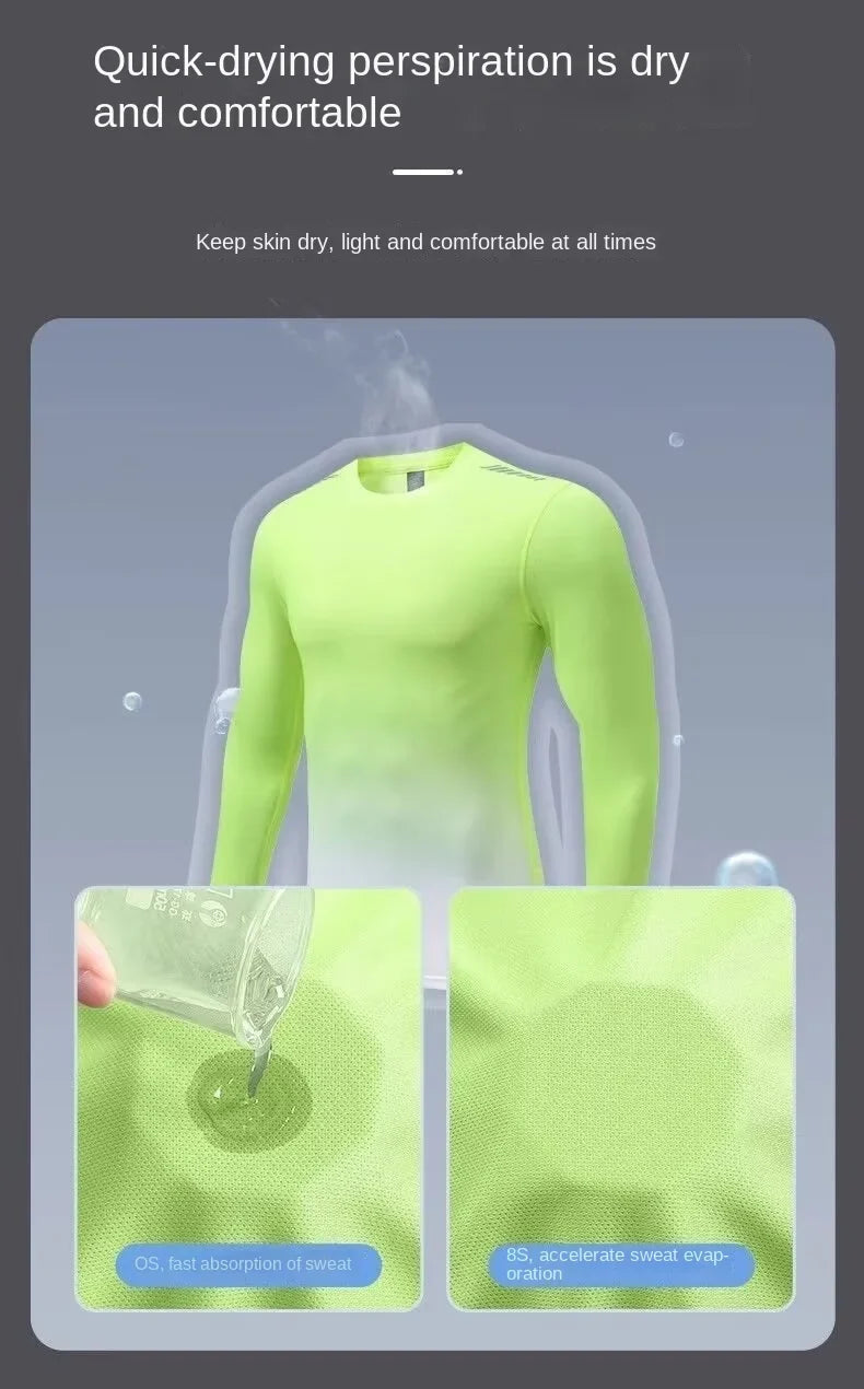 Trendy, simple, sunscreen, breathable, quick drying clothes, long sleeved men's tight fitting clothes, running training, sports,