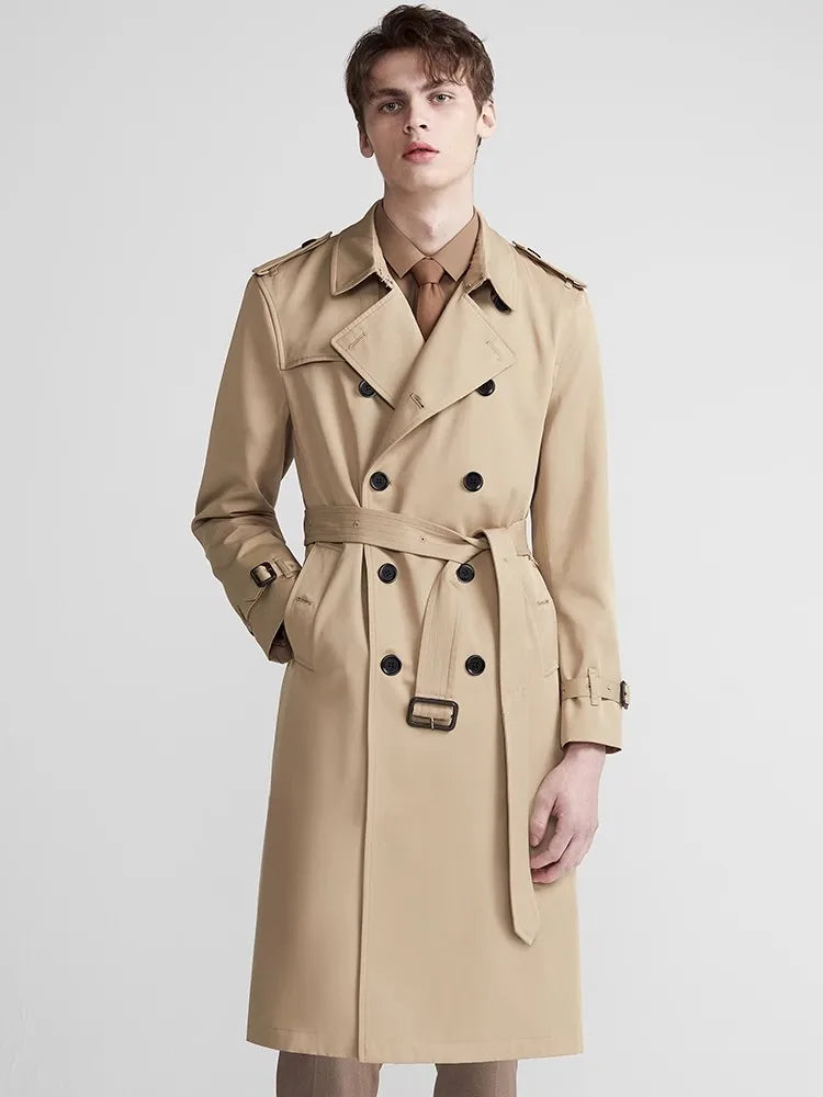 Spring Autumn Long Chic Khaki Trench Coat Men Belt Double Breasted Elegant Luxury British Style Black Overcoat 2025
