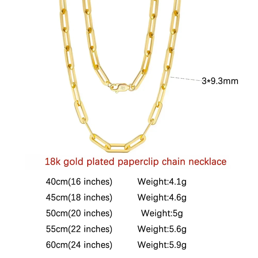 Genuine 925 Sterling Silver Paperclip Neck Chain 6/9.3/12mm Basic Link Chain Necklace for Men Women Jewelry SC39