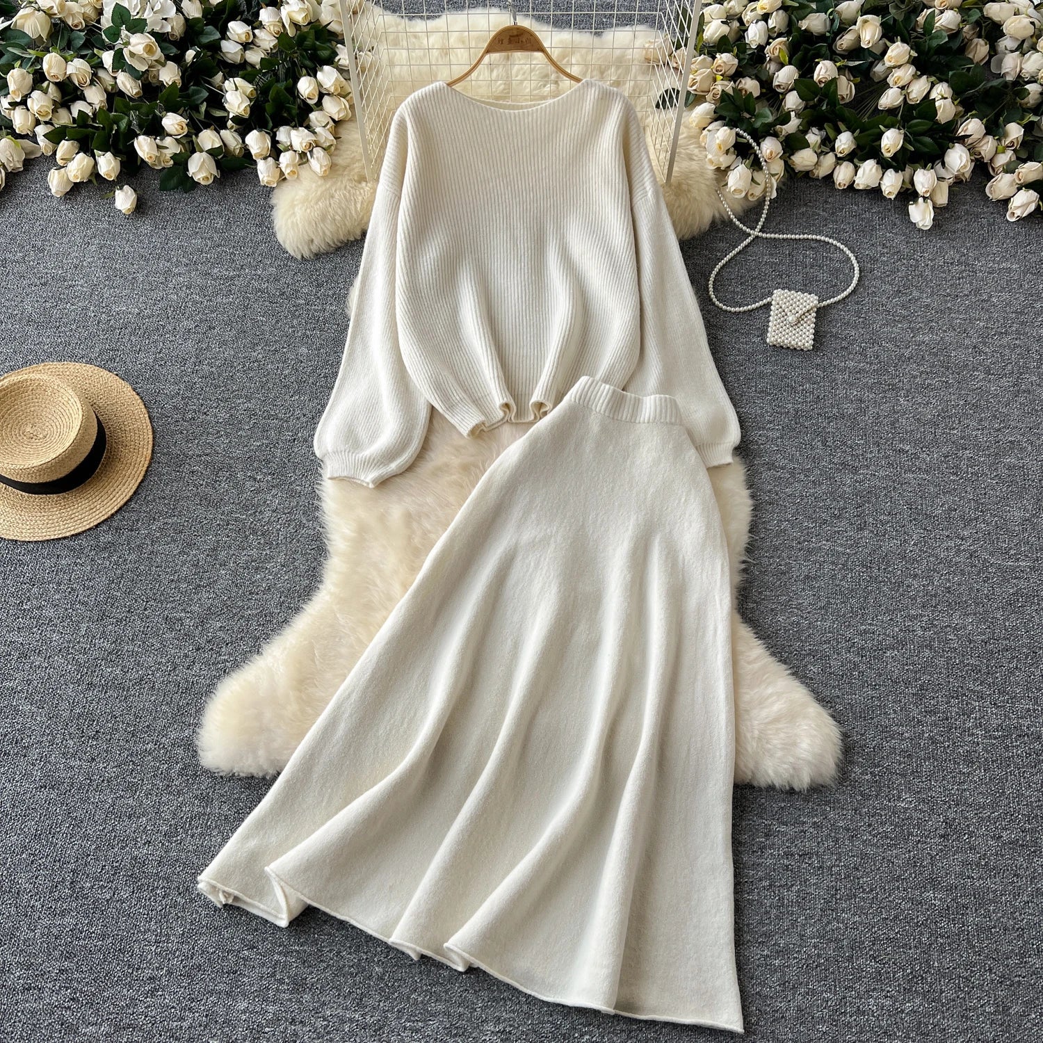 Autumn Casual Two Pieces Sets Women O-Neck Loose Knitting Top+Elastic Waist Large Swing Skirt Basic Korean Winter Sets