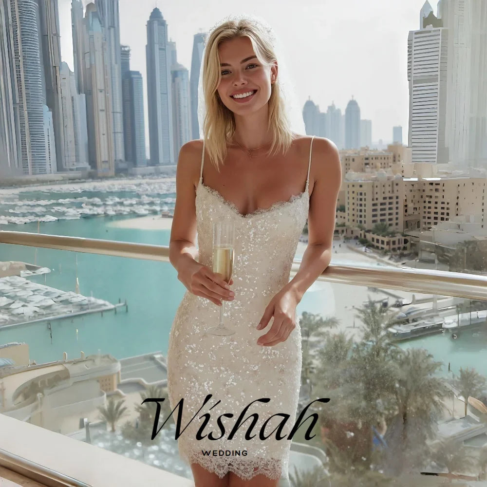 Elegant Sexy Deep V-Neck Lace Sequins Backless Spaghetti Strap Sheath Dress Customized Bridal Gown for Wedding Party 2027
