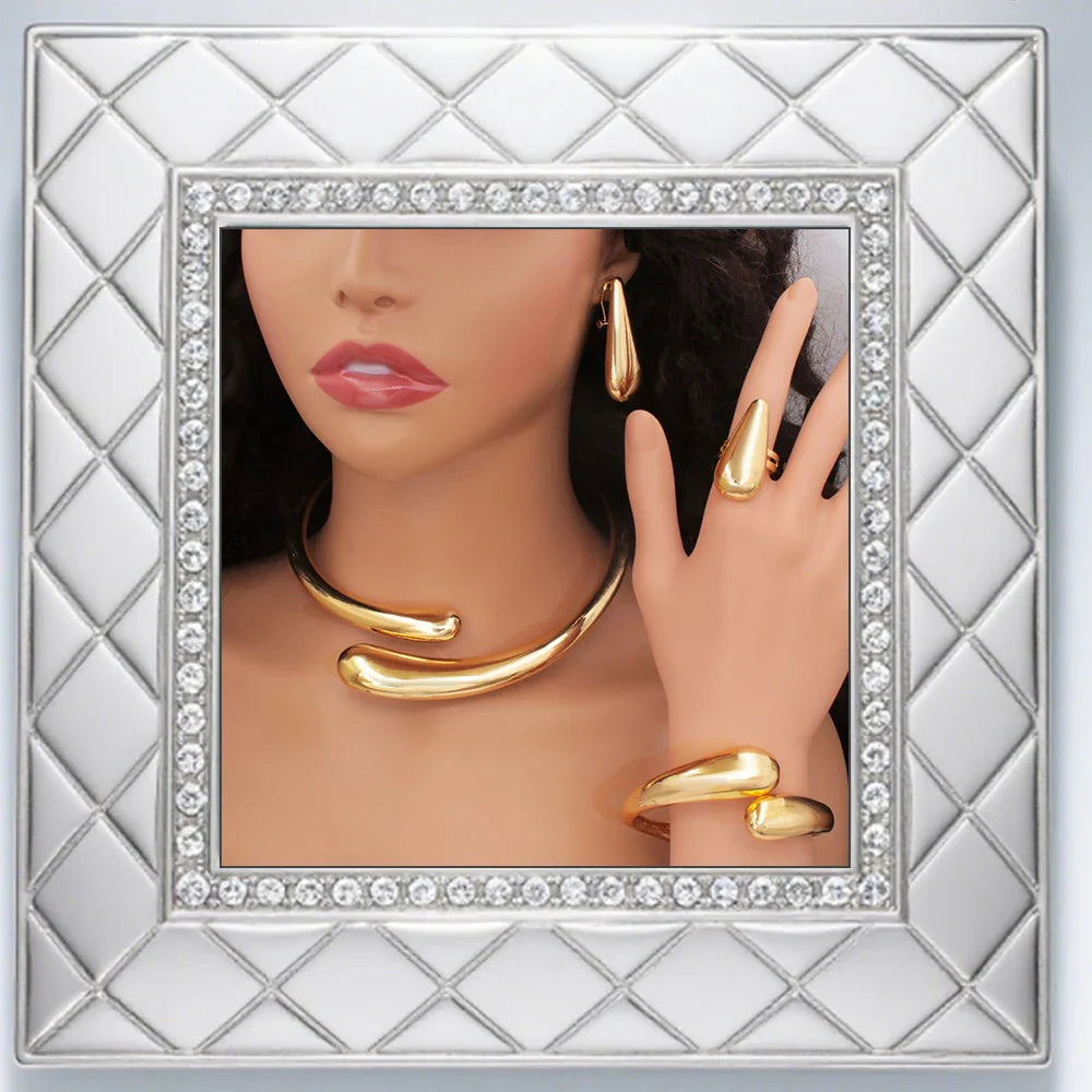 2025 New Exaggerate Jewelry Set Gothic Water Drop Cuff Bangle Ring Chic Smooth Metal Large Necklace Earrings Wedding Gift
