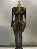 Sexy Shinny Rhinestone Stretch Mesh Transparent Long Dress 2025New Women Evening Birthday Party Prom Nightclub Singer Stage Wear