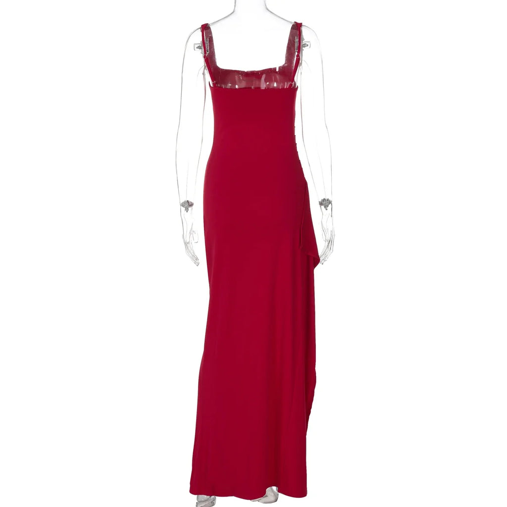 Women Elegant Solid Straps Slit Ruched Patchwork Sexy Bodycon Maxi Dress Summer Outfits Evening Party Birthday Festival