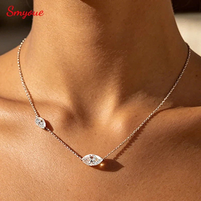 3CT Marquise Cut 2 Gems Full Moissanite Necklace for Women Bride Wedding Jewelry Lab Diamond Chain 925 Sterling Silver