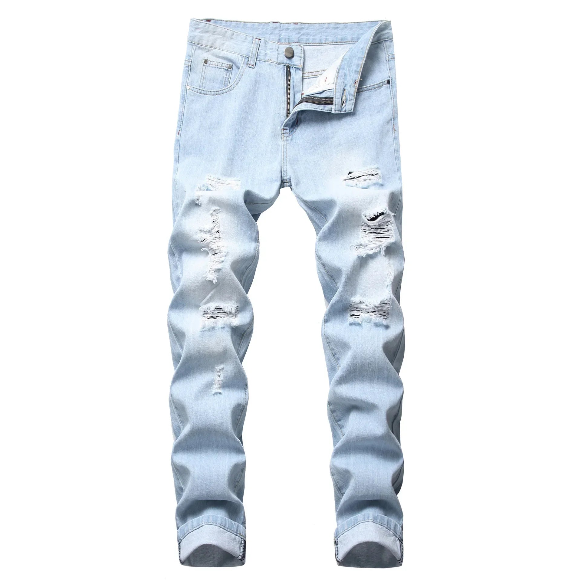 Cross-Border Men's Wear Ripped Straight-Leg Slim Fit Smooths Your Silhouette No Stretch Jeans Light-Colored Denim Trousers Amazo