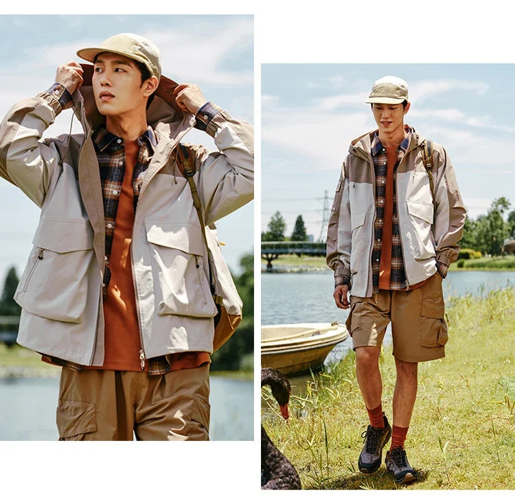 Three-proof Jacket Men Autumn Outdoor Color Block Hooded Windbreaker Large Pocket Workwear Trendy Coat