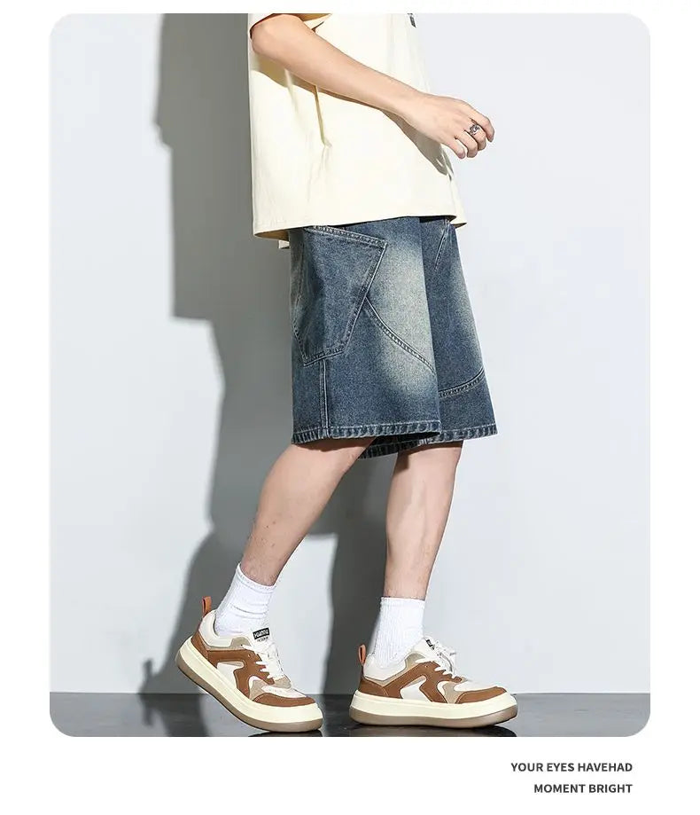 Summer New Baggy Denim Shorts Fashion Casual Straight Harajuku Jeans Male Vintage Wash Drawstring Short Pants Streetwear