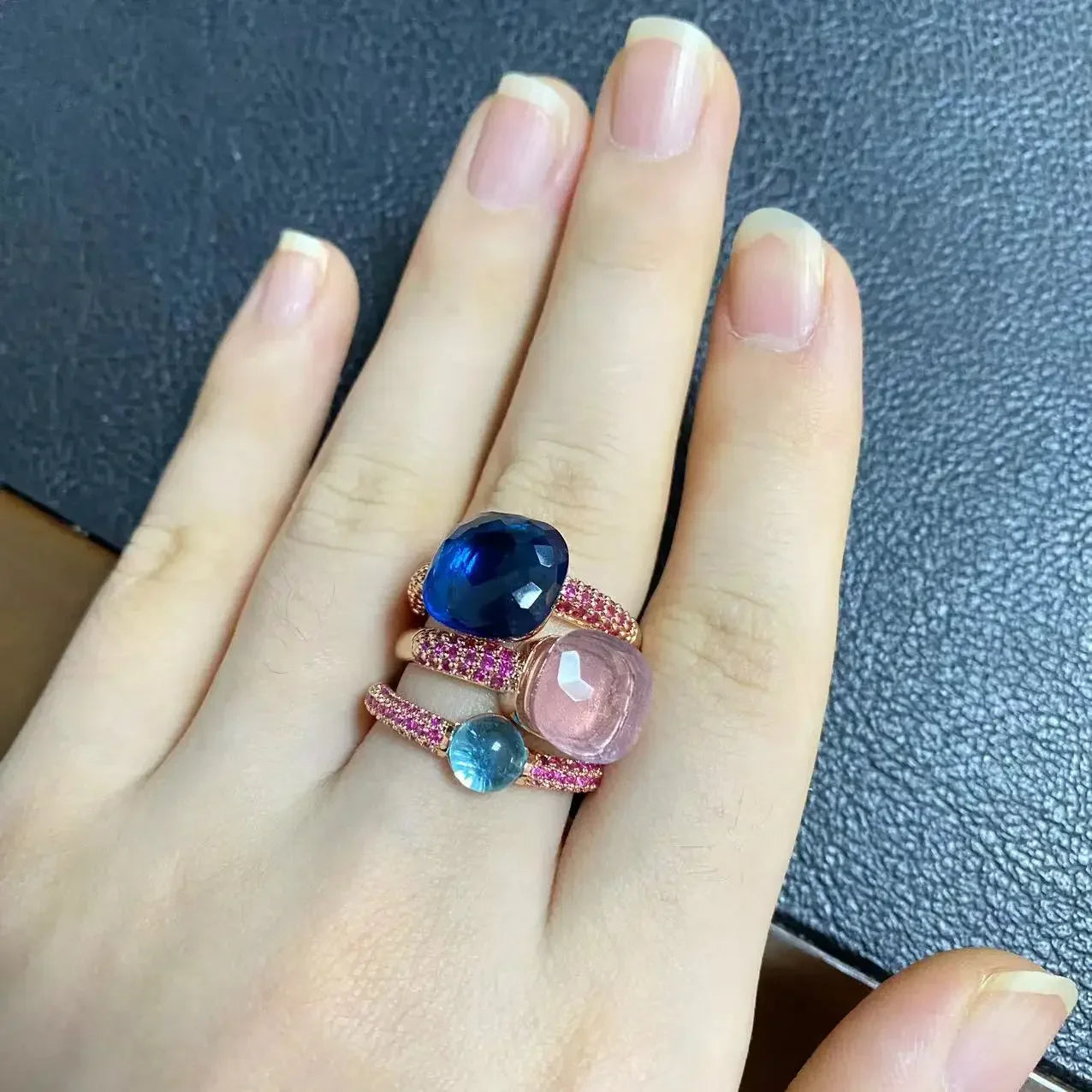 3Pcs/Set Nudo Ring Stacking Set for Women Mix Color Candy Crystal Inlay Zircon Amethyst Blue Topaz Round Jewelry Gift