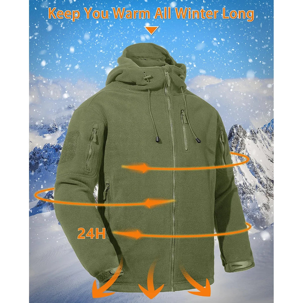 Fall Winter Men's Hooded Fleece Jacket Full Zip Up Soft Warmth Windproof Coat Outdoors Working Hiking Fishing Outerwear