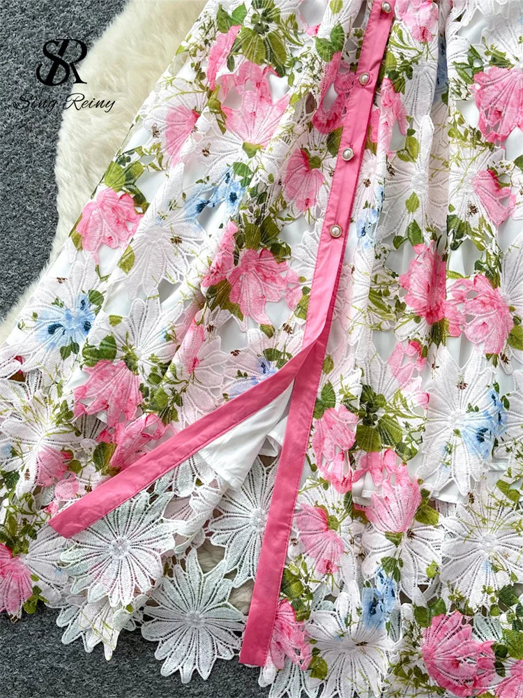 Embroidery Flower Vacation Dress French Style Blet Lapel Slim High Quality Hollow Out Ladies Elegant A-line Long Dress