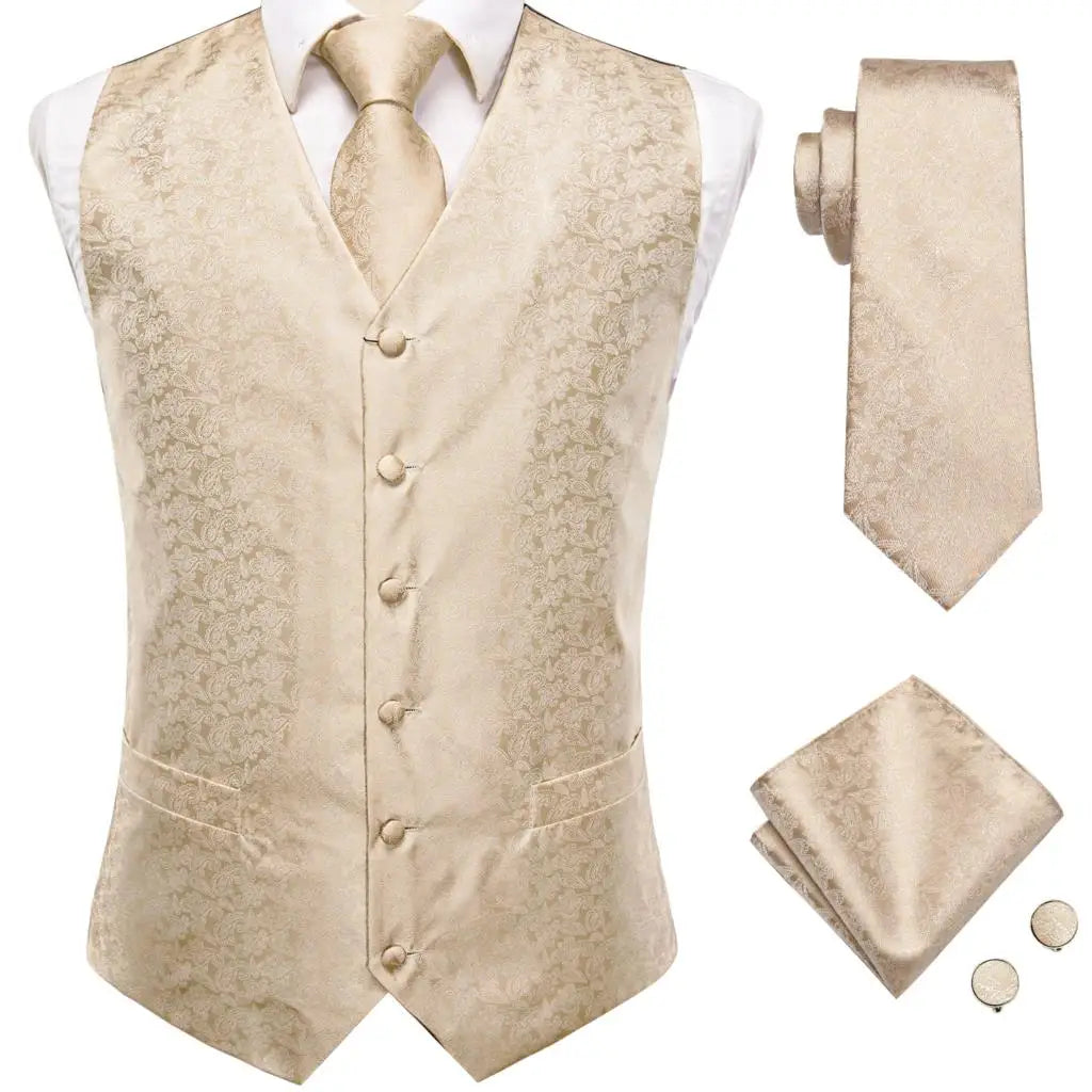 Fashion Silk Vest For Men Classic Gold Champane Yellow Waistcoat Jacket Tie Hankerchief Cufflinks Sets Dress Suit Wedding Hi-Tie