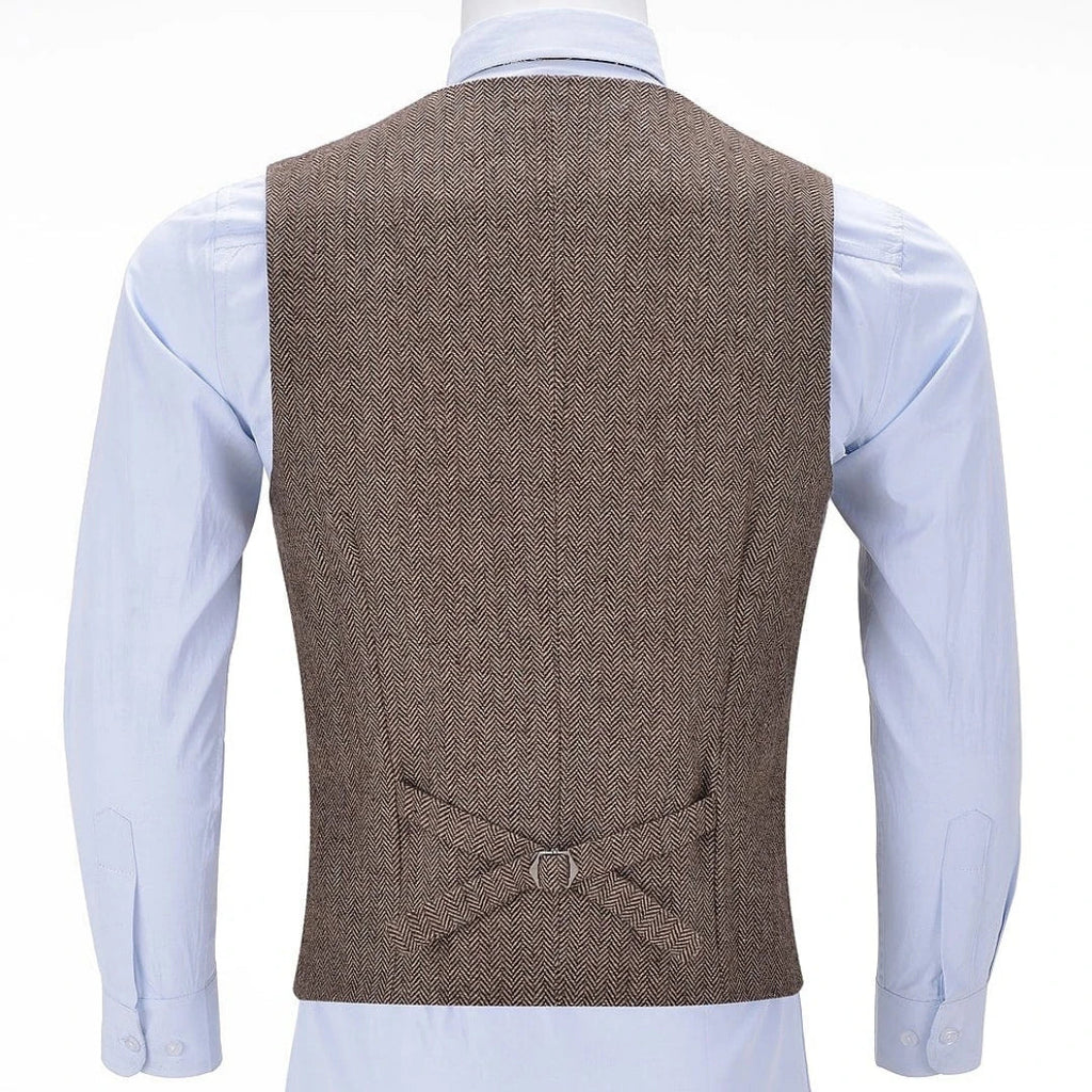 Men Vest Brown Herringbone Single Button V Neck Solid Waistcoat For Business Banquet Work Casual Daily Men Suit Vest