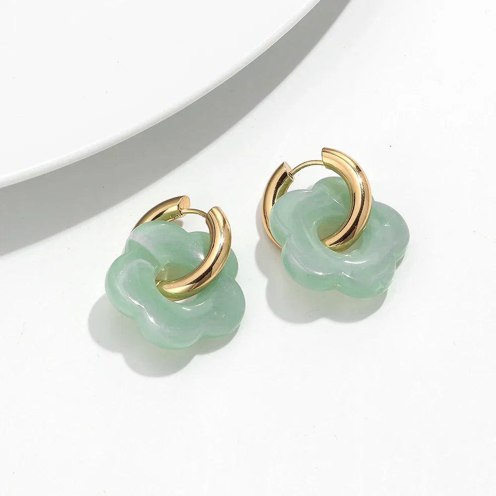 Colorful Flower Resin Acrylic Charms Earring Gold Color Circle Ear Buckle Hoop Earrings Fashion Jewelry for Women