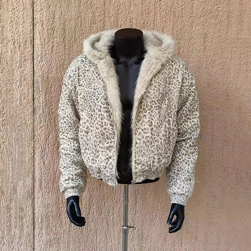 PFHQ Niche Design Men's Fleece Jackets Hooded Leopard Print Fur Thick Padded Coats Thermal Contrast Color Male Clothing CPG2405