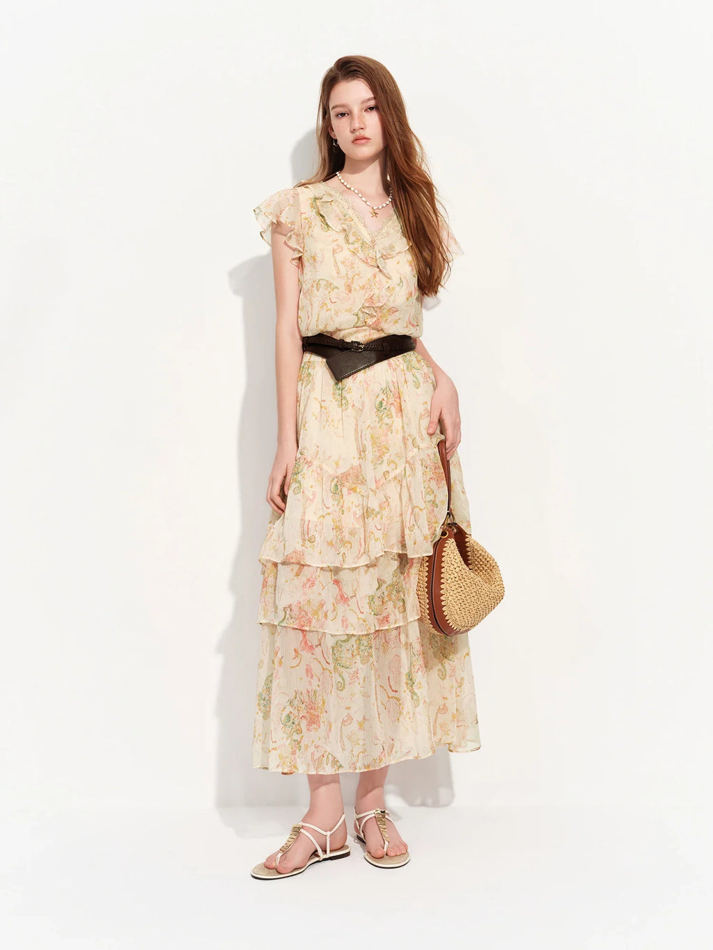 2026 Summer Women‘s Tiered Ruffle Lace Trim Chiffon Long Short Dress Flowy Smocked Maxi for French Romantic Coquette Style
