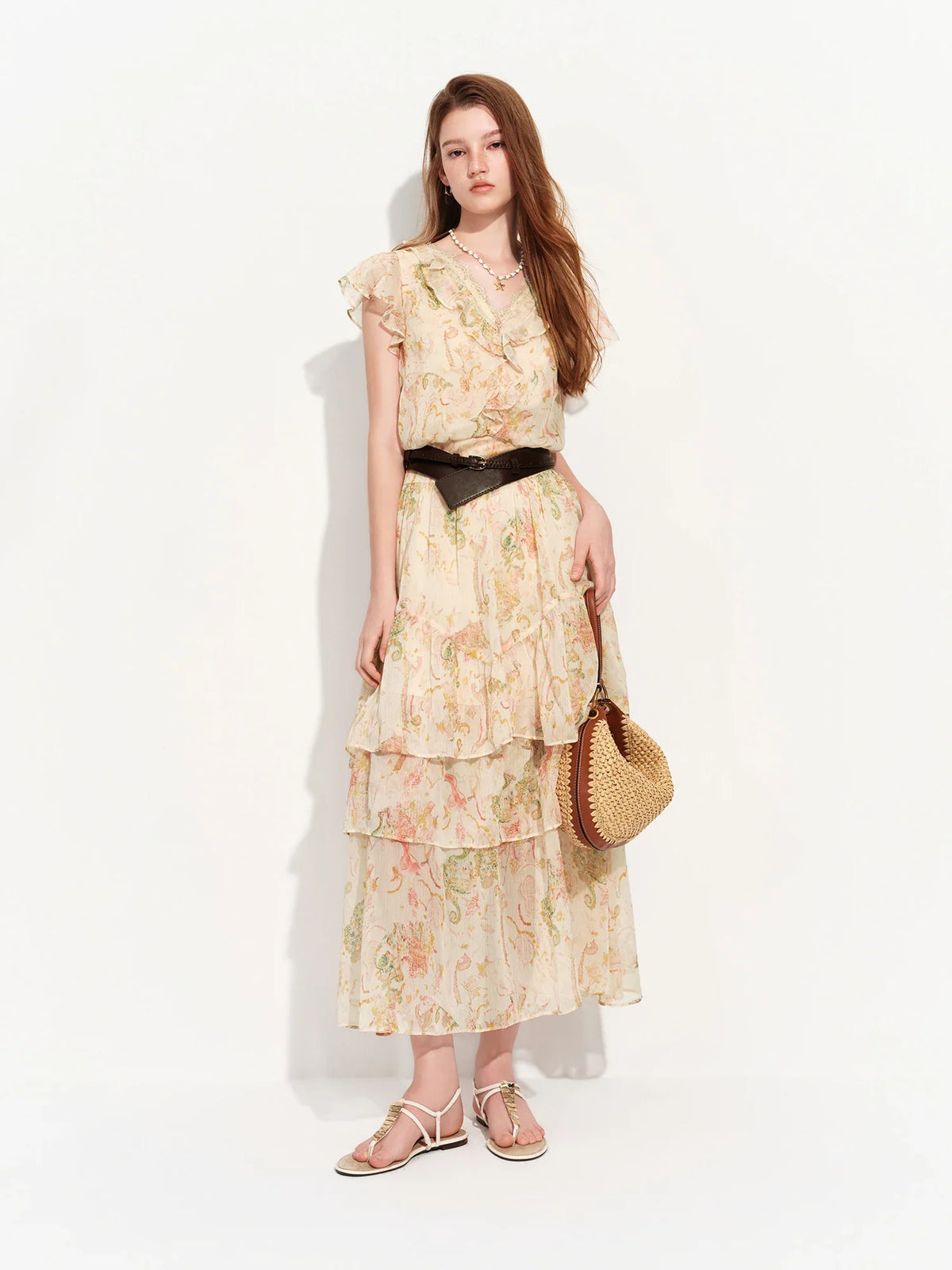 2026 Summer Women‘s Tiered Ruffle Lace Trim Chiffon Long Short Dress Flowy Smocked Maxi for French Romantic Coquette Style