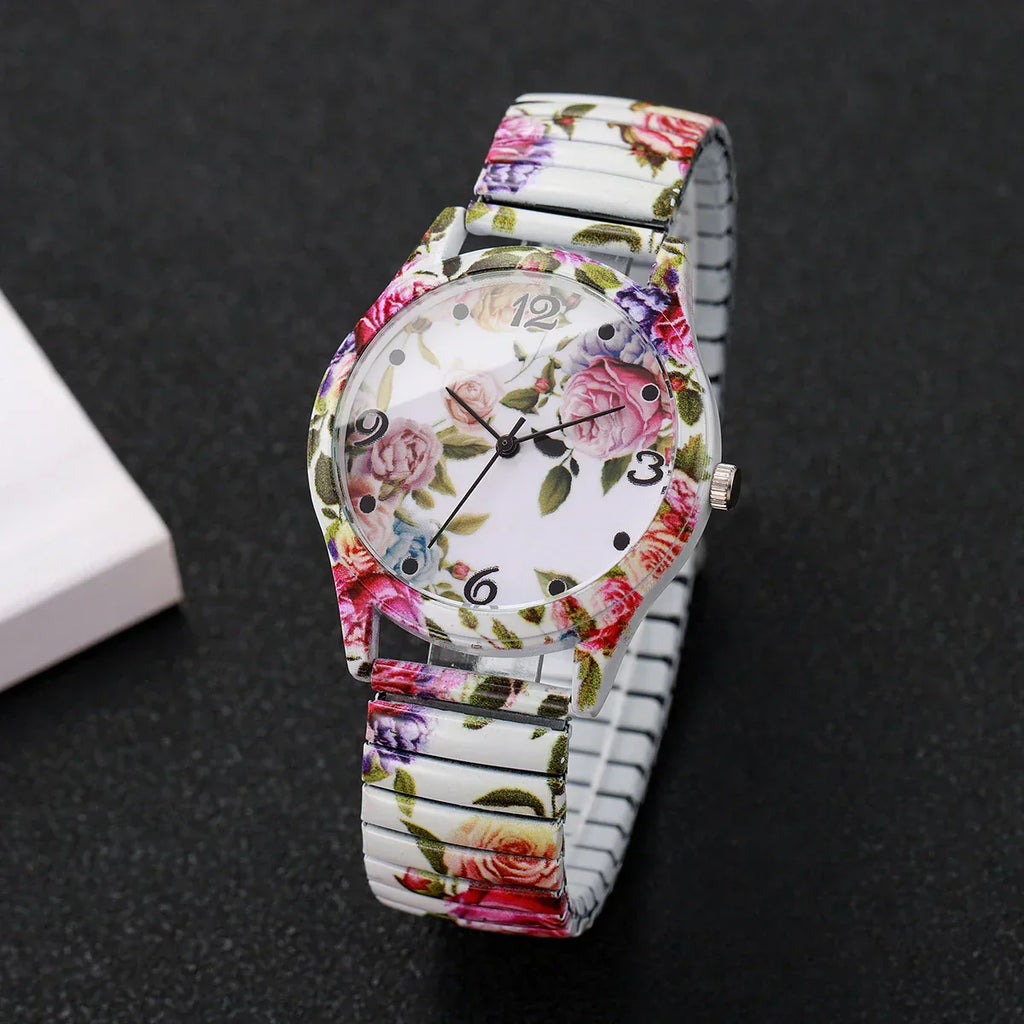 2/3PCS Fashion Flower Printed Women Quartz Wristwatches Set Ladies Casual Elastic Strap Arabic Dial Watch（Without Box）