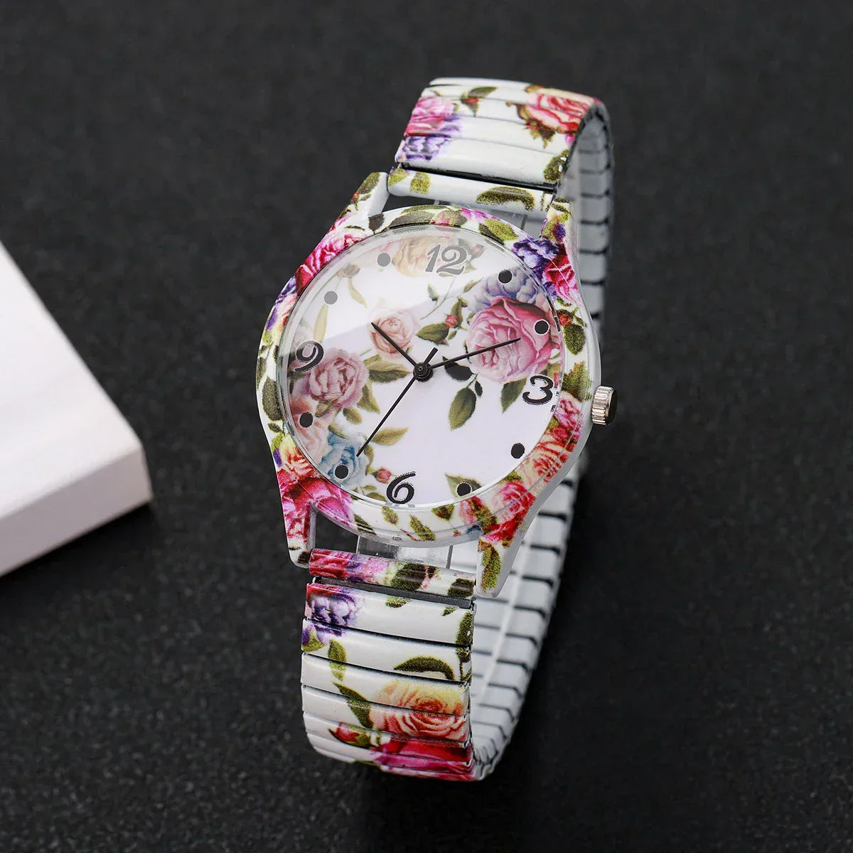 2/3PCS Fashion Flower Printed Women Quartz Wristwatches Set Ladies Casual Elastic Strap Arabic Dial Watch（Without Box）