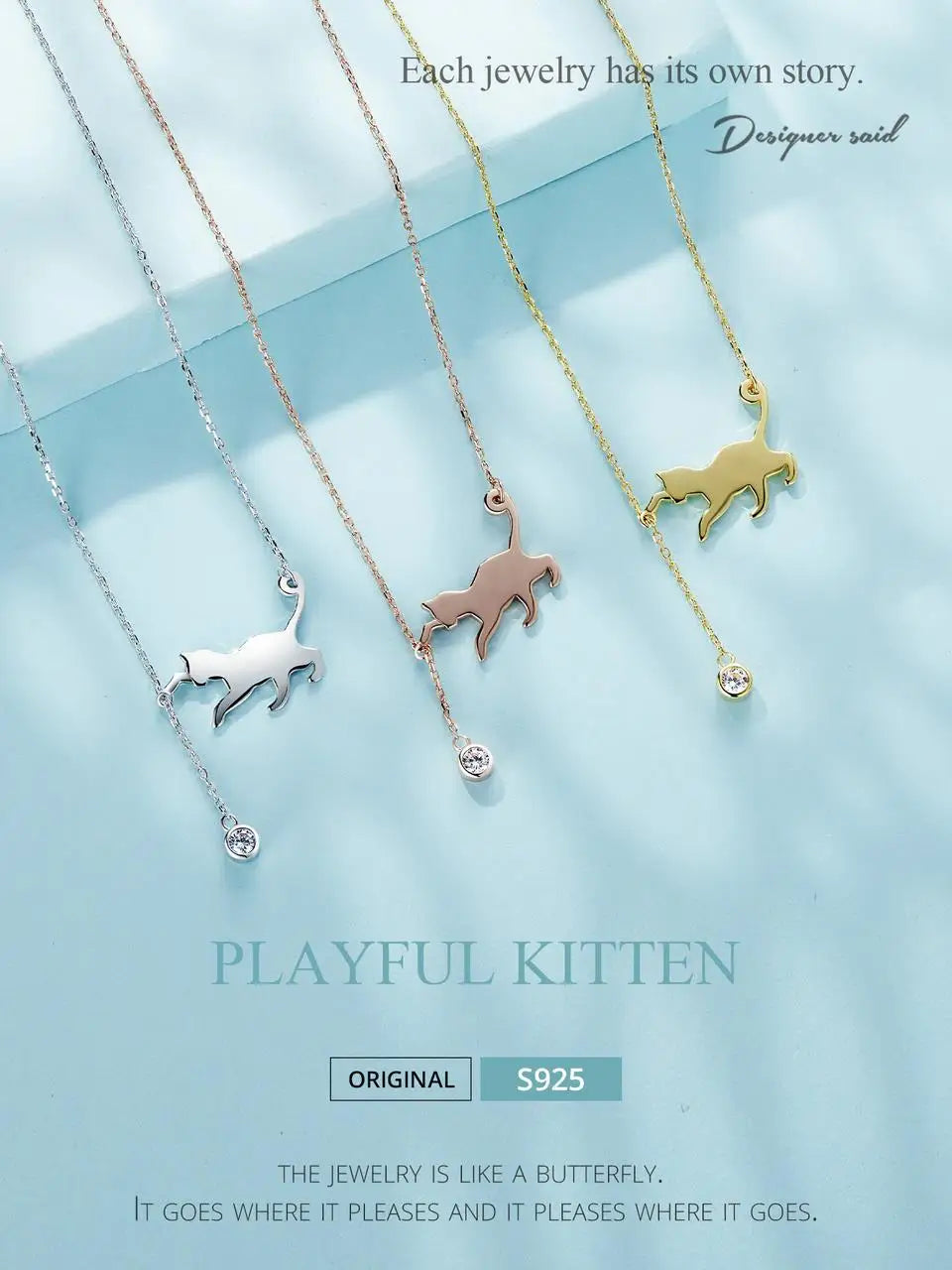 S925 Sterling Silver Cat Necklace Cute Silver Cat Pendant Collarbone Necklace for Women SCN232 3 Colors