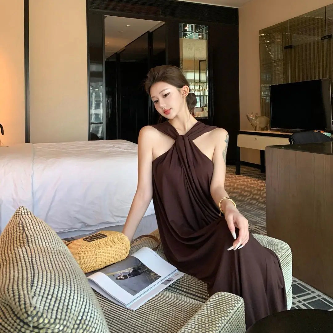 French Temperament Coffee Color Sleeveless Hanging Neck Dress For Women In The Summer Of 2026, New Slim And Flowing Long Dress