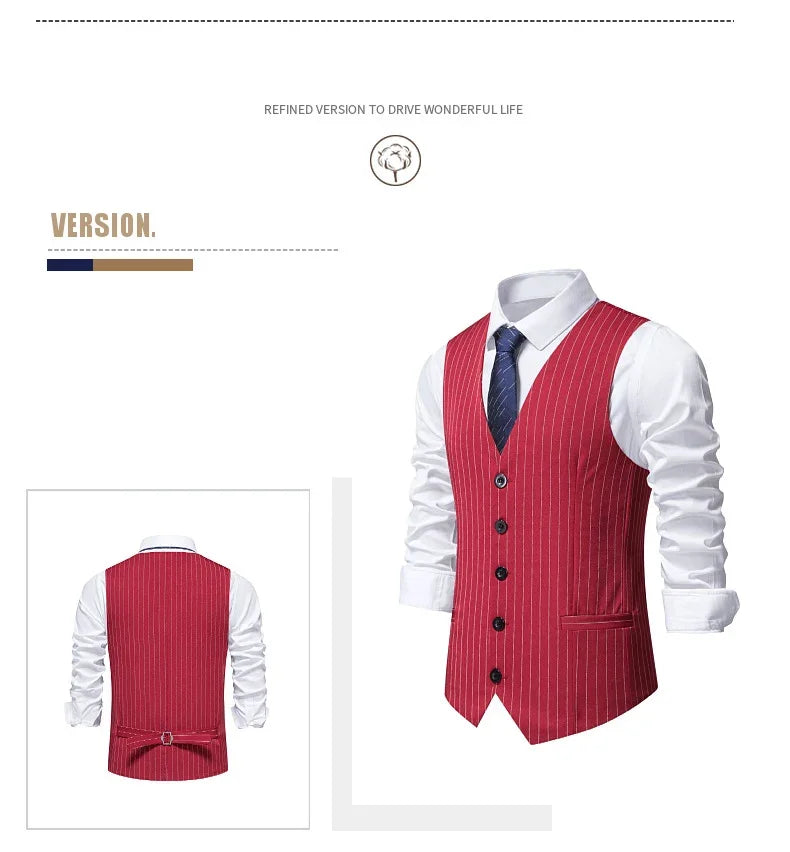 2026 New Red Striped Suit Vest For Men,Fashion Business Formal Wear Casual Khaki/Black Stripes Waistcoats