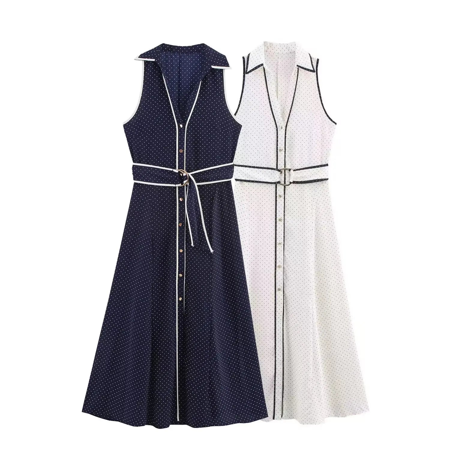 Woman Elegant Chic Sleeveless Single-breasted Midi Dress Summer Women Sexy White Polka Dot Shirt Style Chart Dress Mujer