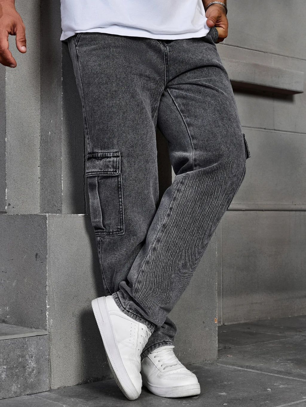 Men's Fashionable Multi-pocket Rrey Cargo Jeans Durable Non-stretch Workwear Denim Trousers Men's Pants Size XS-XL