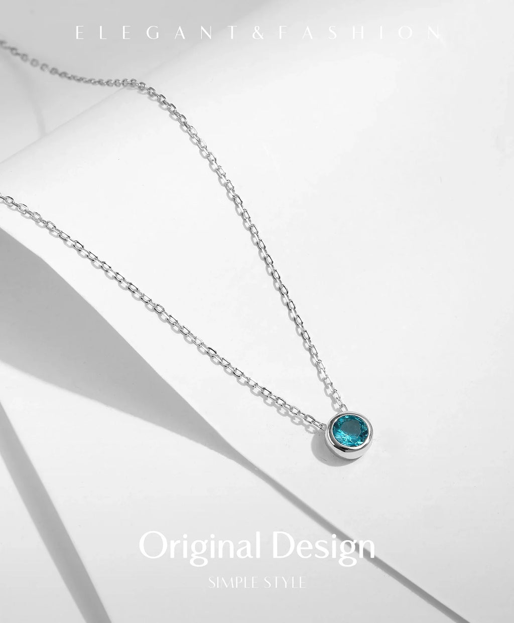 925 Sterling Silver Teal Round Zirconia Pendant Necklace White Gold Plated Neck Link Chain For Women Party Jewelry Gift