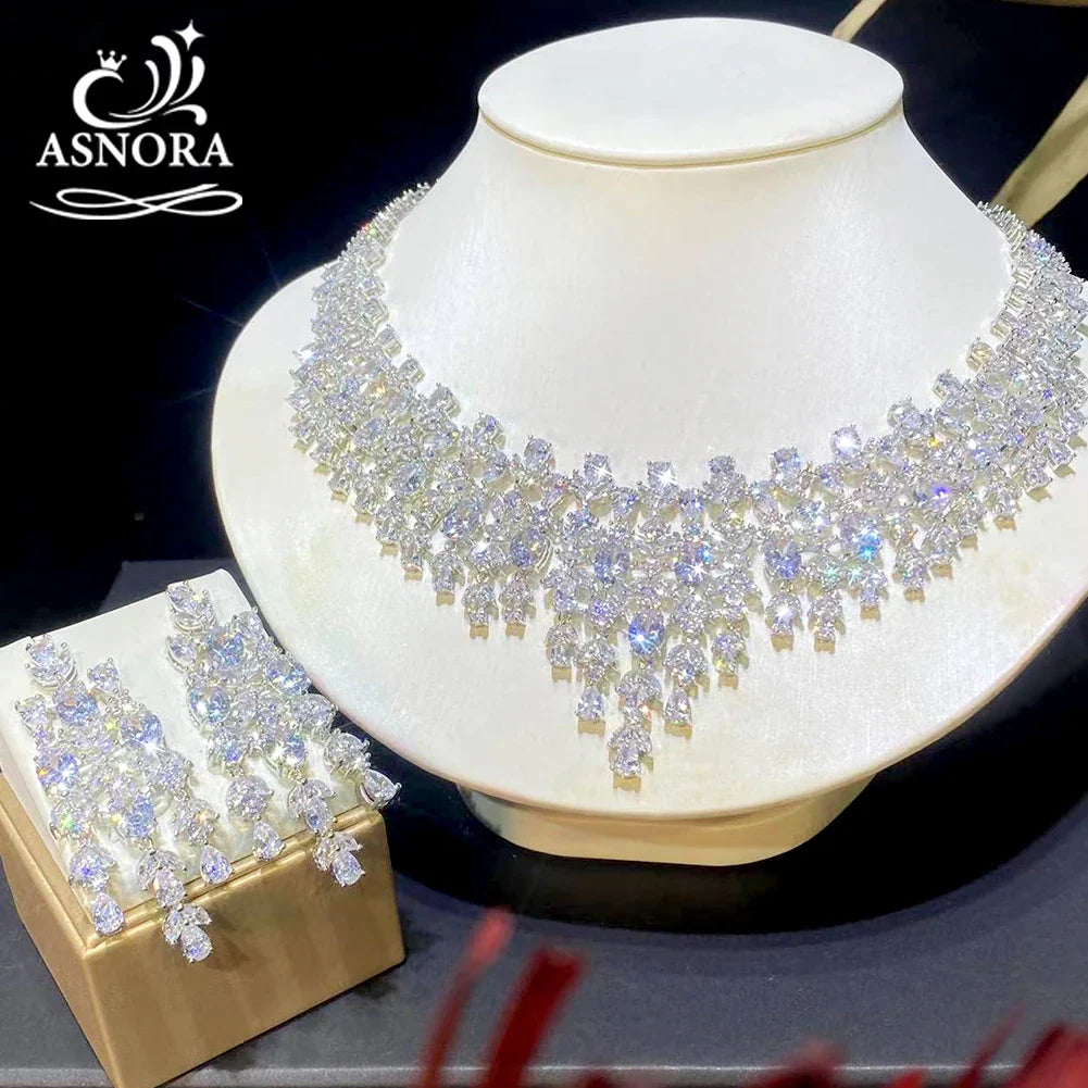 Luxury Floral Design Wedding Dubai Bridal Jewelry 2 PCS Set Shiny Cubic Zirconia CZ Necklace Pendant Earrings X0202