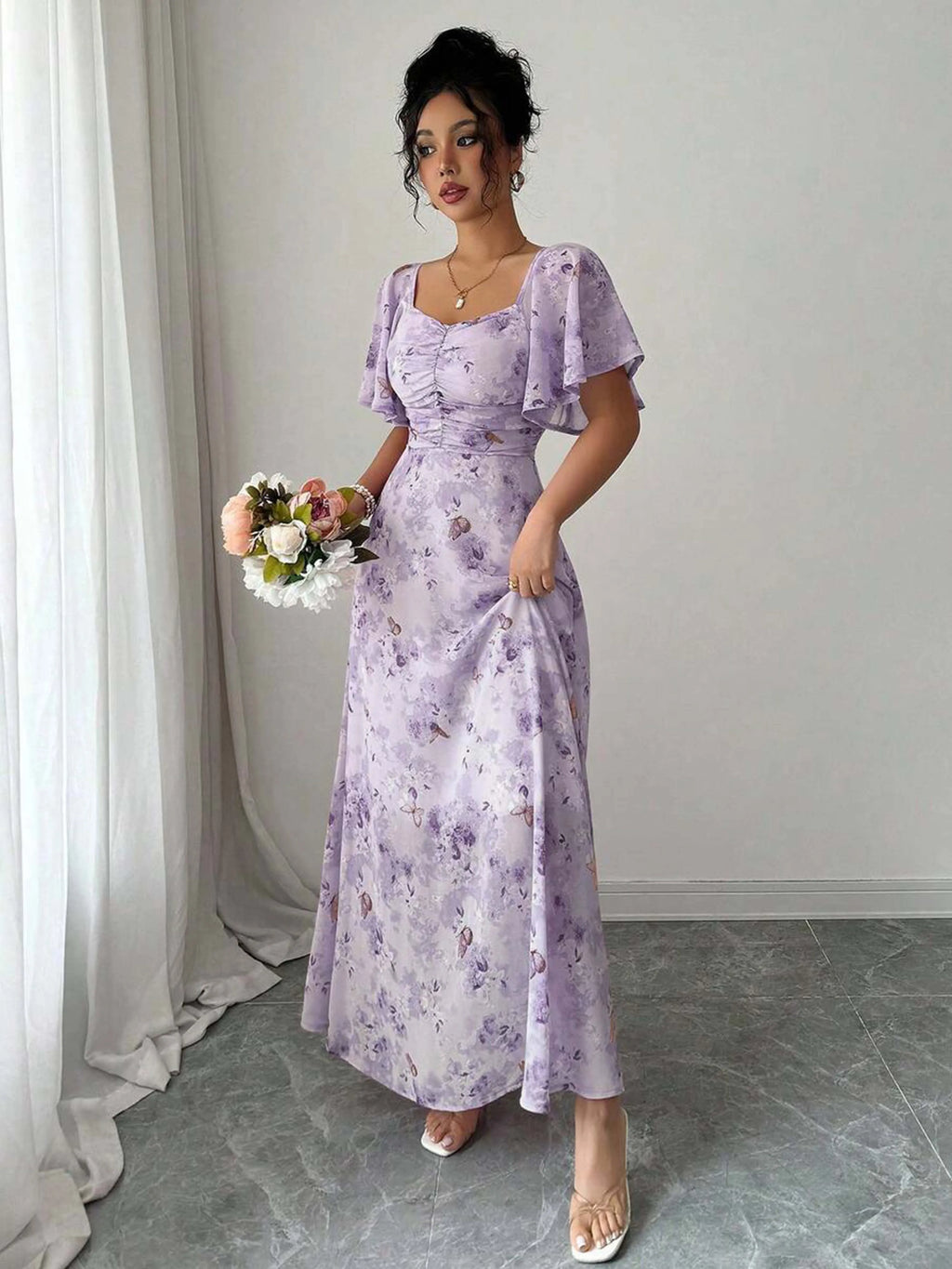 Women's Sweet French Style Mini Dress with Purple Butterfly Print, Batwing Sleeves & Back Zipper