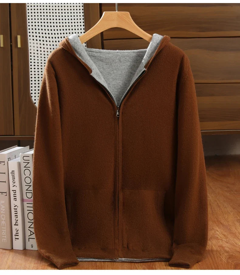 Double-Sided Hooded Zippered Men's Cashmere Cardigan Autumn and Winter Contrasting Color Thickened Loose Casual Knitted Sweater