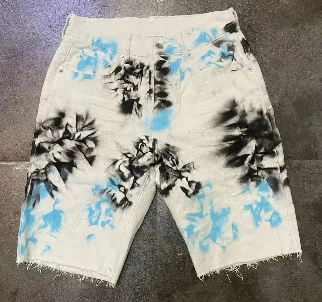Men's White Shorts Print Slim Casual Denim Shorts Jeans High Street Knee Length Shorts