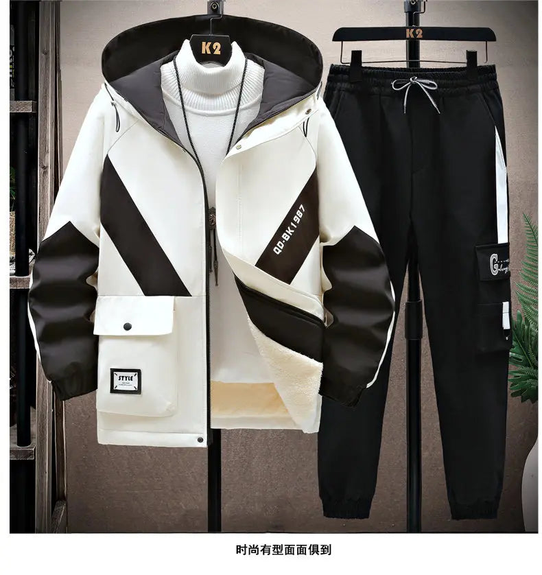 Winter Tracksuit Men Warm Sports Printed Thick Suit Mens Casual Hooded jacket+Pants Sweatsuit Male 2 Piece Sportswear