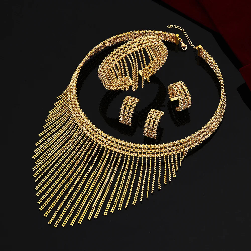 Luxury Wedding Jewelry Set Dubai Nigeria Bridal Jewelry Sets For Women Party Gold Plated Copper Tassel Beads Necklace