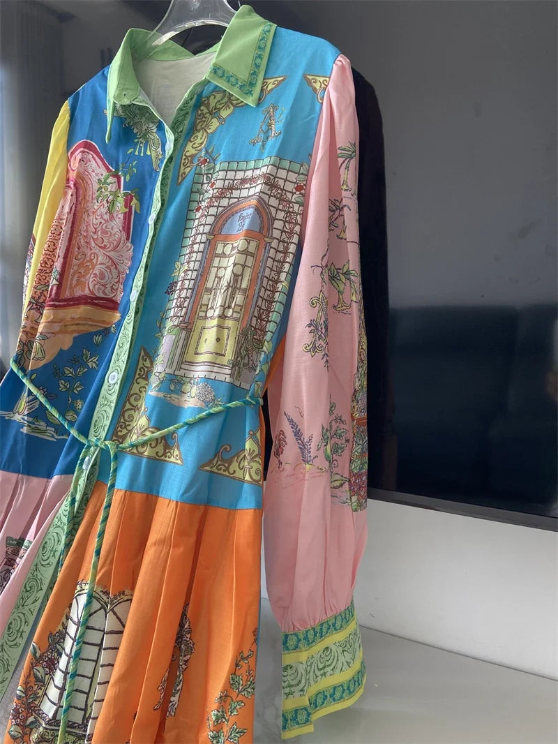 French Court Style Long Sleeve Dress Luxury Vintage Lapel Midi Dress Women Elegant Button-up Belted Party Dress Vestidos