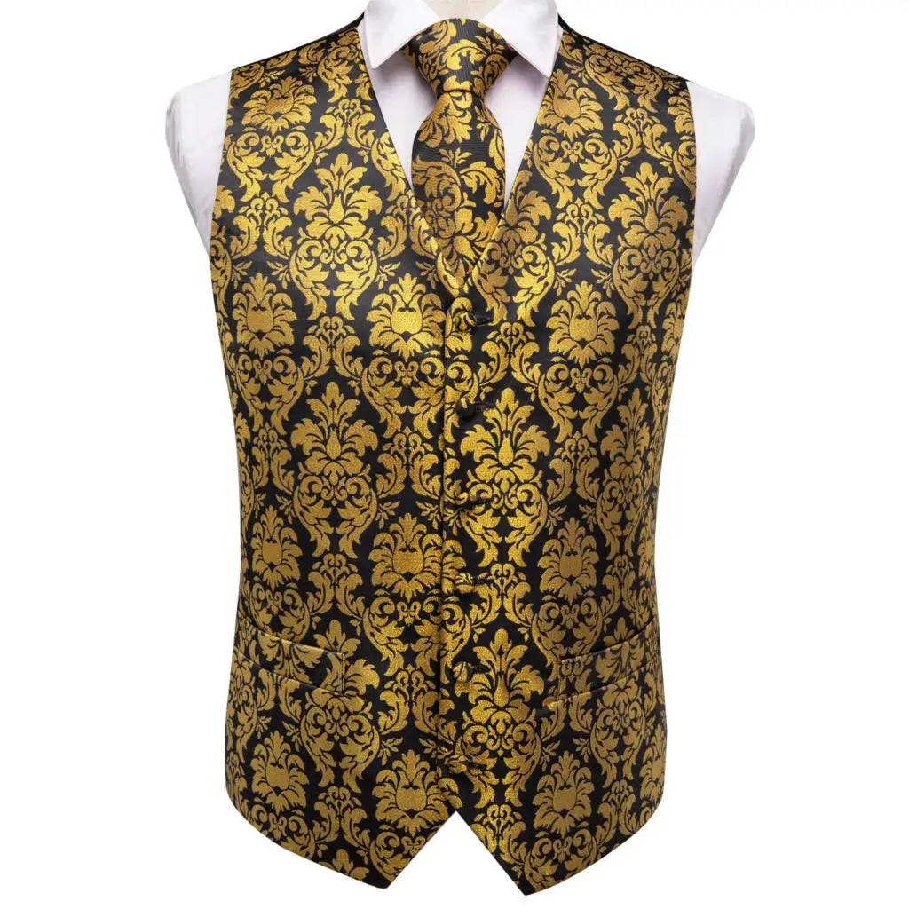 Vest for Men Gold Suit Vest Floral Waistcoat Summer Vest Tuxedo Paisley Tie Set Cufflinks for Wedding Business Hi-Tie WJ-0008