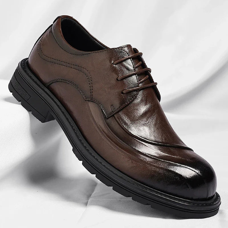 Brown Burnished Genuine Leather Lace Up Chunky Sole Formal Business Office Groom Wedding Daily Wear Shoes Fashion Comfortable