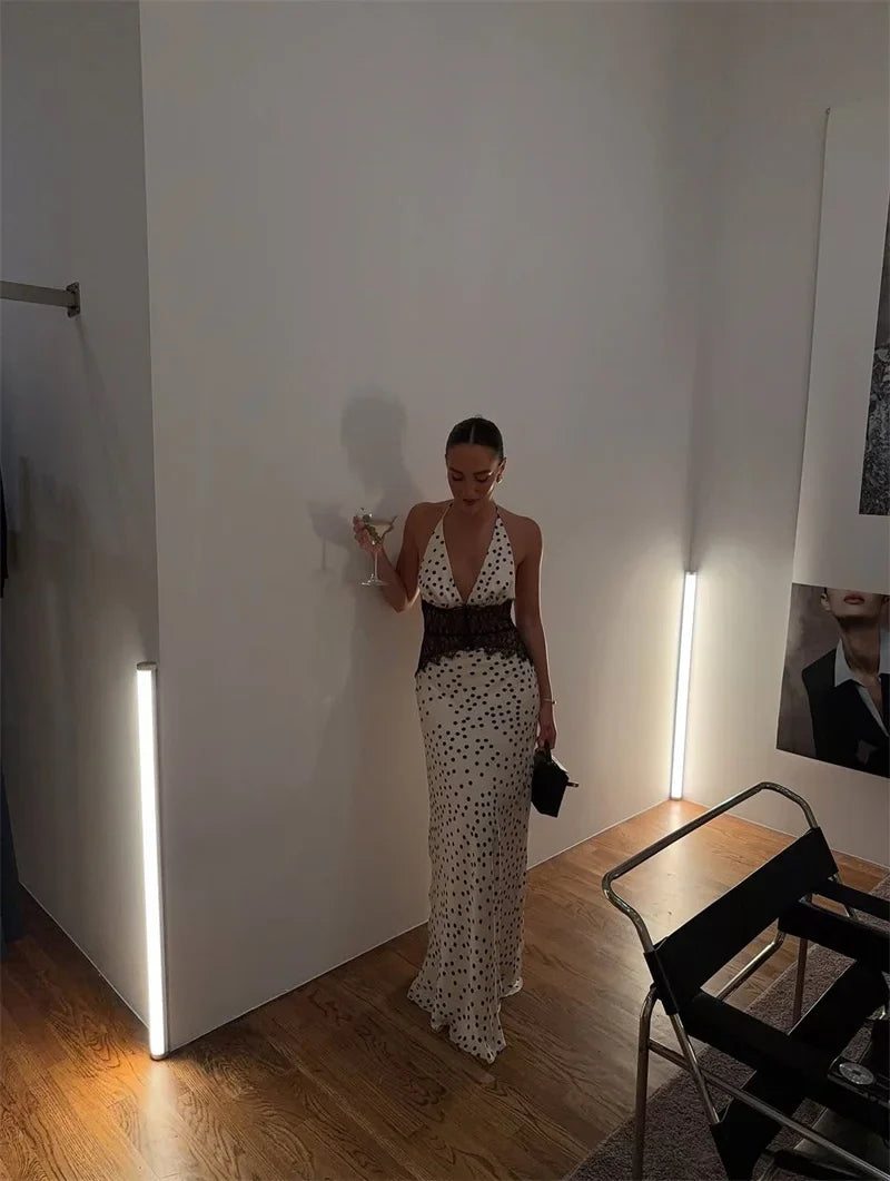 Polka Dot Backless Sexy Maxi Dress Women Gown Elegant Patchwork Lace Halter Deep V Neck Sleeveless Bodycon Club Dress
