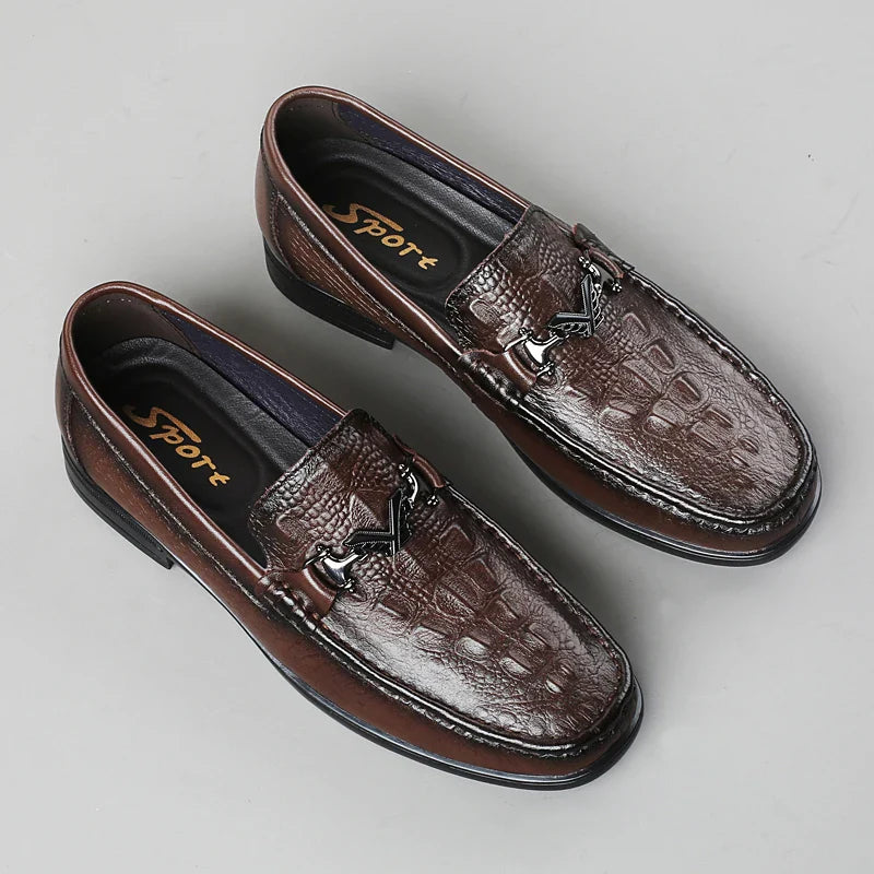 High Quality Round Toe Breathable Loafers Fashionable Brand Men's Comfortable Crocodile Patterned Casual Cowhide and Bean Shoes