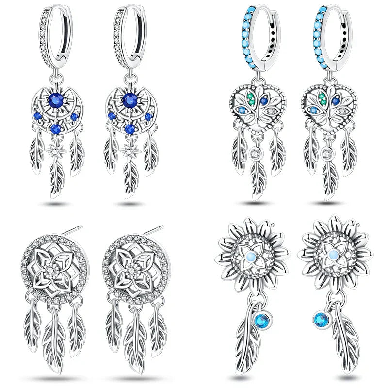 New in 925 Silver Romantic Feather Moon Stars Dream Catcher Earrings For Women Trending Fashion Jewelry Creative Birthday Gifts