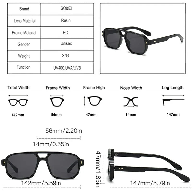Vintage Double Bridges Men Square Sunglasses Fashion Clear Ocean Lens Eyewear Women Trending Rivets Sun Glasses UV400