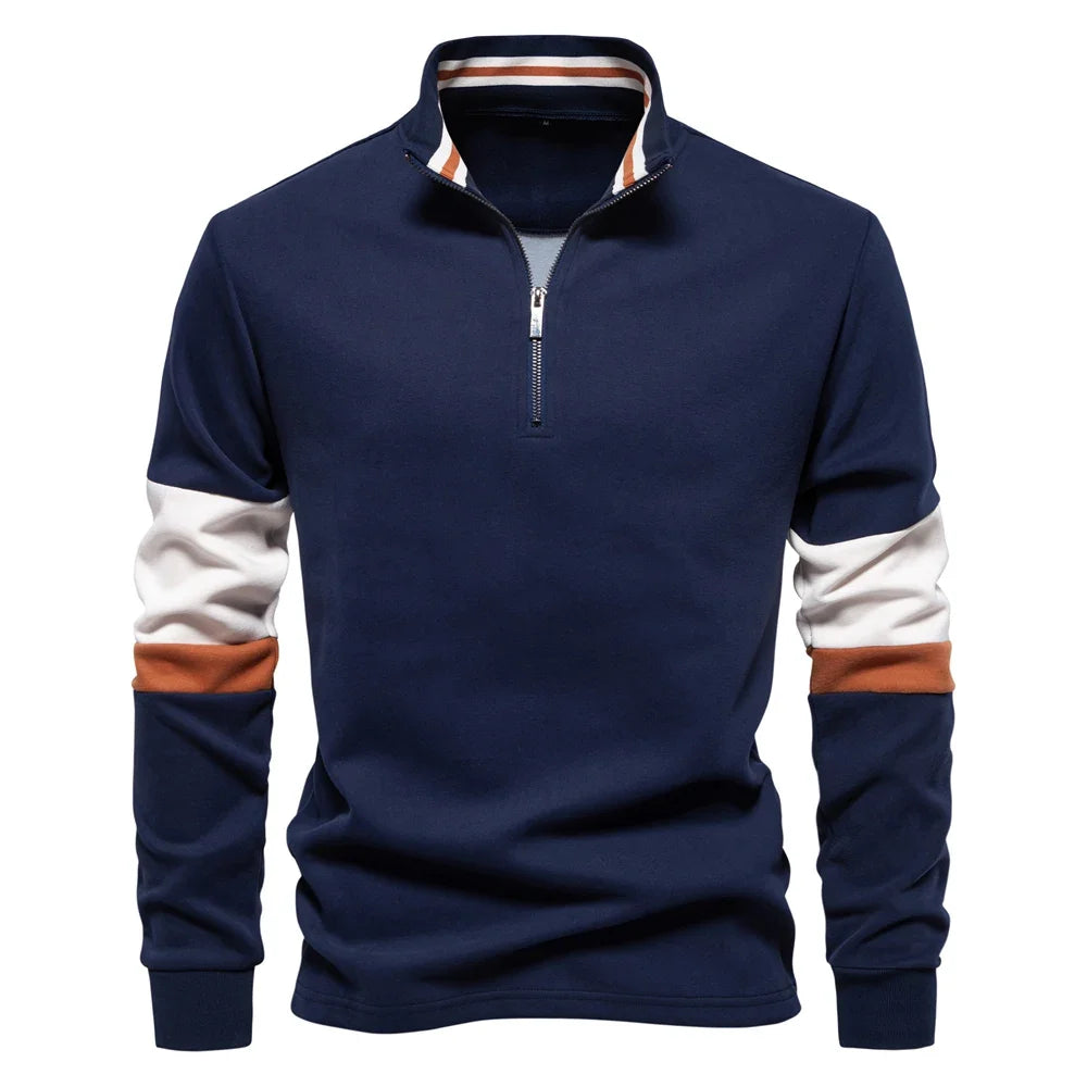 Mens Mock Neck Quarter Zip Sweatshirts Patchwork  Fashion Pullover Cotton-blend Sweatshirt for Men