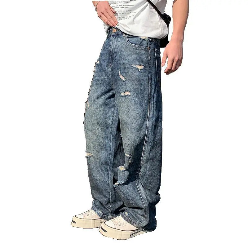 American-style distressed wide-leg jeans, loose-fitting washed and distressed straight-leg jeans, trendy brand.